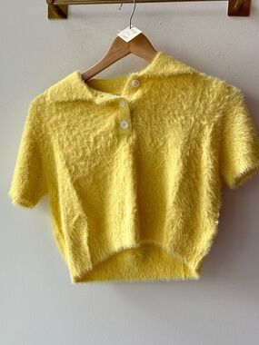 Not for sale. Mimosa, Yellow Fuzzy Cropped Polo Sweater P2P 19, Size S | 430